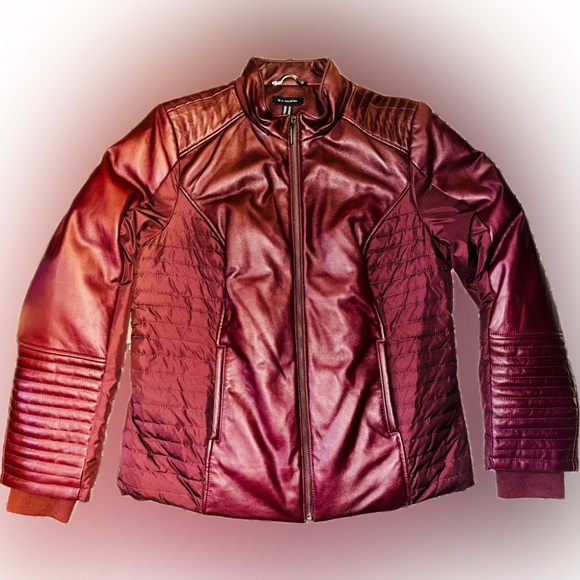 EUC H by Halston SZ12 leather/polyester motorcycle jacket w/down Bust 44”/PTP 22 - Picture 1 of 3